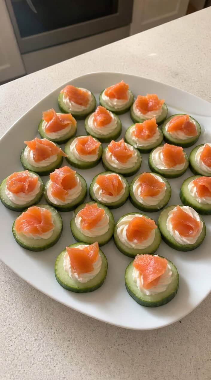 A platter of cucumber slices topped with cream cheese and smoked salmon garnished with dill and lemon wedges.
