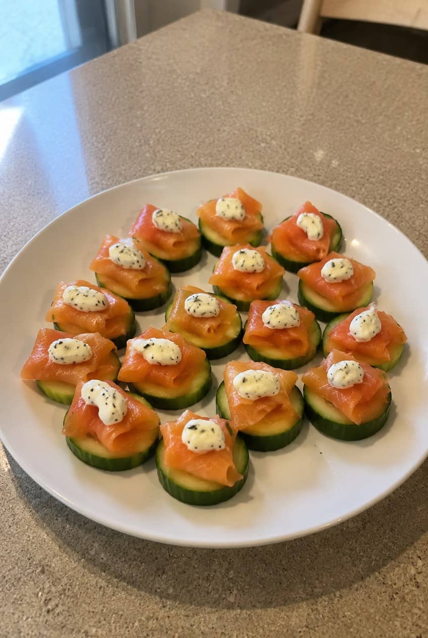 A white platter of cucumber rounds topped with cream cheese spread and folded strips of smoked salmon, garnished with small sprigs of fresh dill on a wooden table.