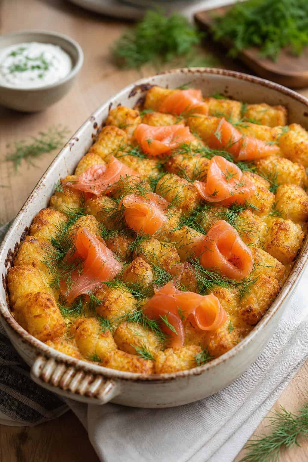 30 Tater Tot Breakfast Casseroles That Feed a Crowd 12 A baked casserole with crispy tater tots, smoked salmon, and fresh dill garnished on top, placed on a wooden table.
