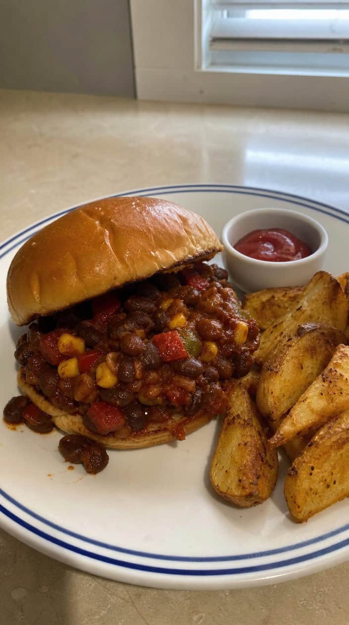 A black bean sloppy joe on a seeded bun, topped with bright fresh garnishes, with a side of golden potato wedges on a dark wood table.