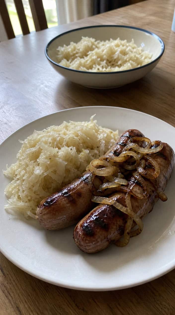 Smoky grilled bratwurst topped with caramelized onions and sauerkraut on a wooden platter, set outdoors near a backyard grill.