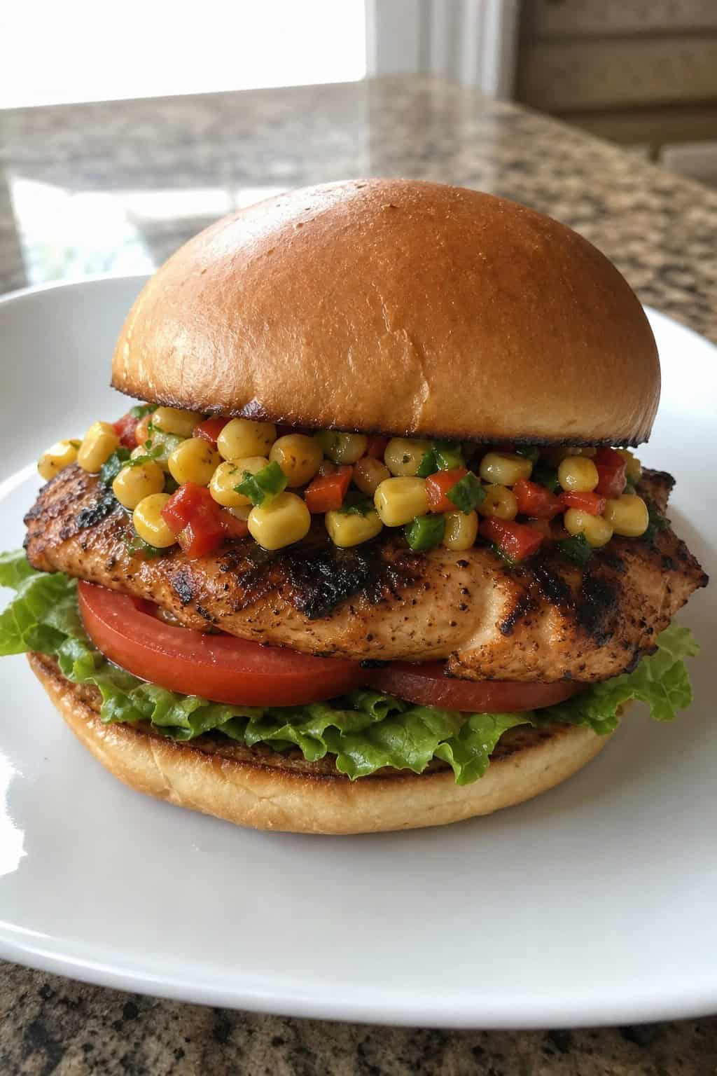 A grilled chipotle chicken sandwich on a toasted brioche bun with sweet corn salsa spooned on top, set on a table with a soft-focus background