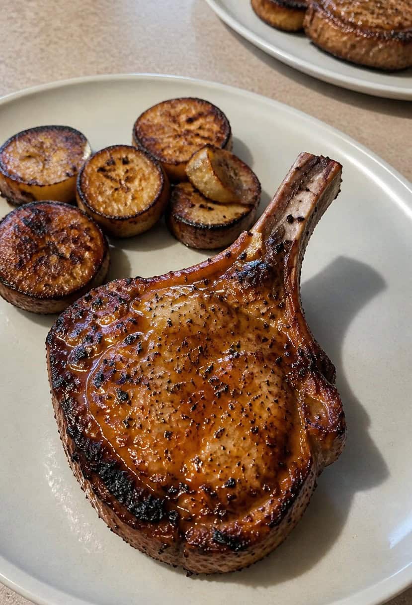 A sizzling pork chop cooking on a grill, surrounded by smoky chipotle seasoning and charred grill marks