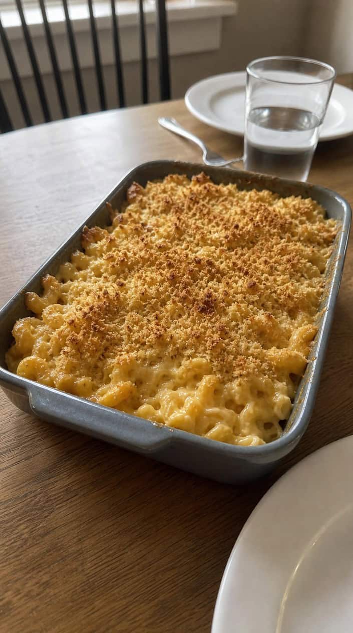A serving dish of smoky macaroni and cheese with a crispy golden panko topping on a wooden table.
