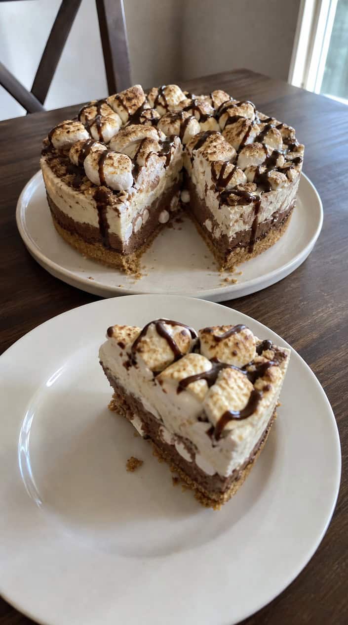 A s'mores ice cream cake on a wooden table outdoors with toasted marshmallows and a bonfire glowing in the background.