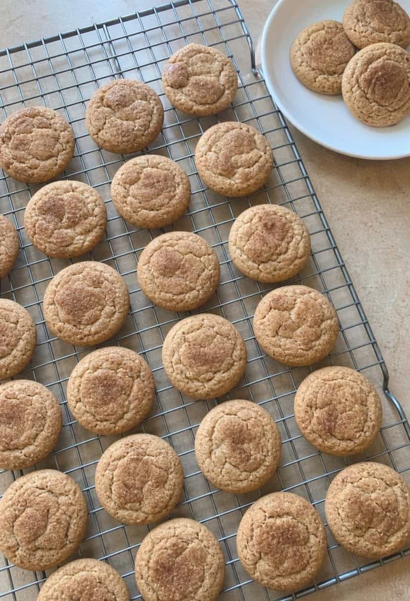 A table covered with freshly baked snickerdoodle cookies, cooling racks, and various ingredients scattered around