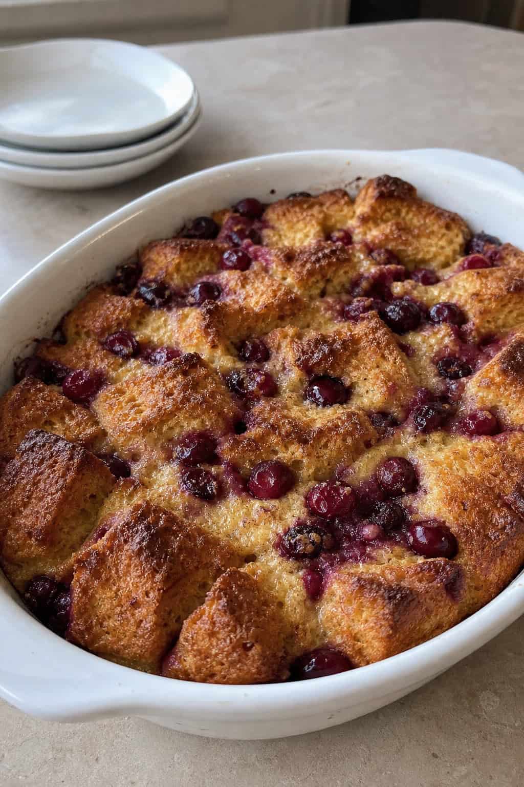 A freshly baked sourdough-cranberry French toast casserole in a white ceramic baking dish on a wooden table with fresh whole cranberries and a small pitcher of maple syrup placed nearby.