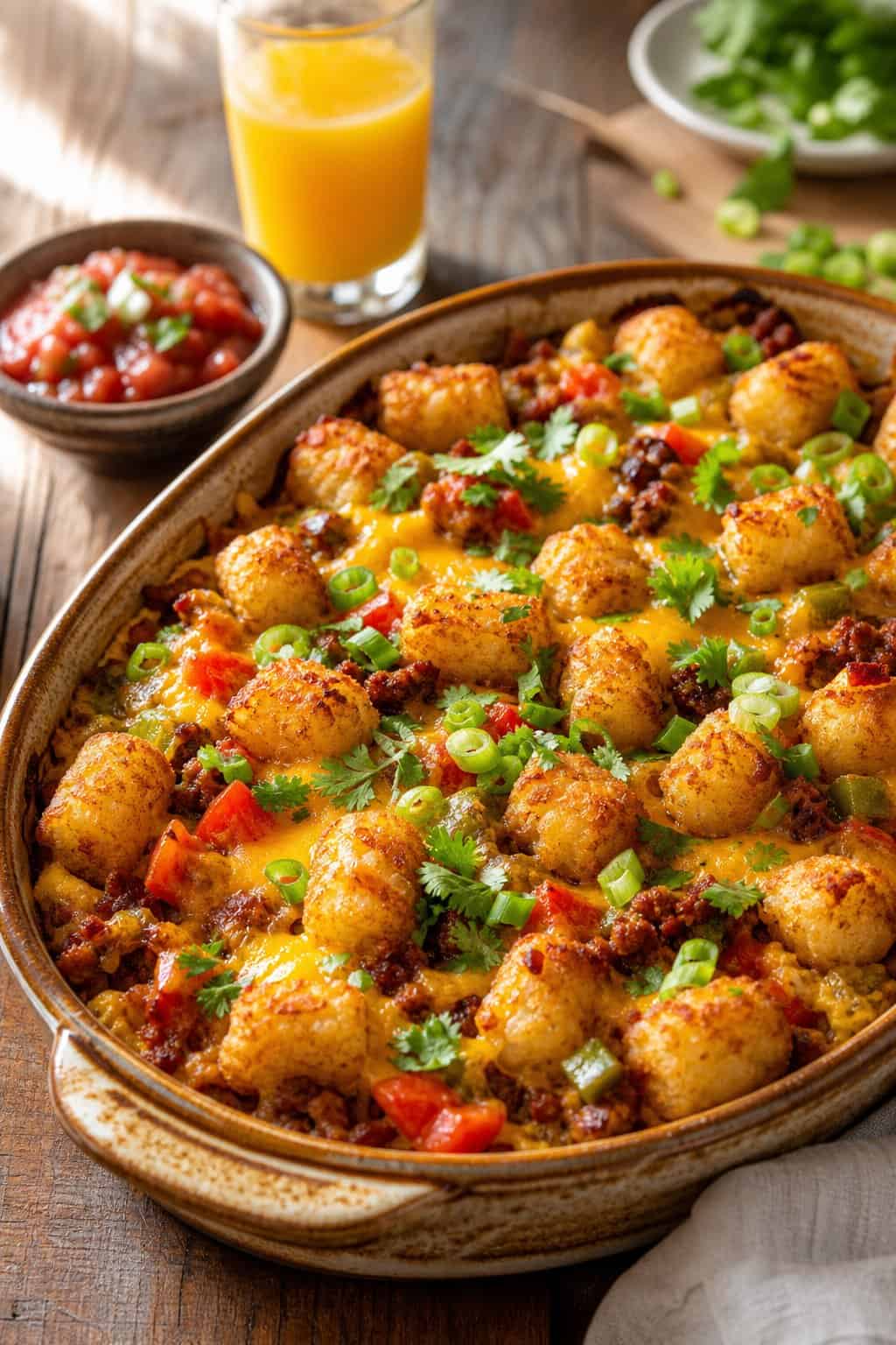A baked breakfast casserole with tater tots, chorizo, peppers, and melted cheese in a ceramic dish on a wooden table.