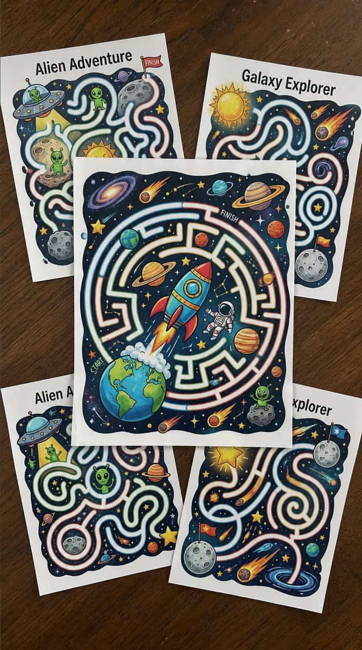 Colorful space-themed mazes with rockets and planets arranged in a fun outer space scene.