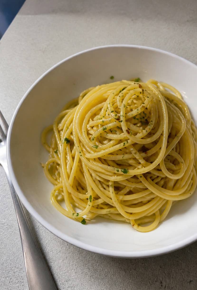 A steaming plate of spaghetti with garlic, olive oil, and red pepper flakes, garnished with fresh parsley, sits on a rustic wooden table
