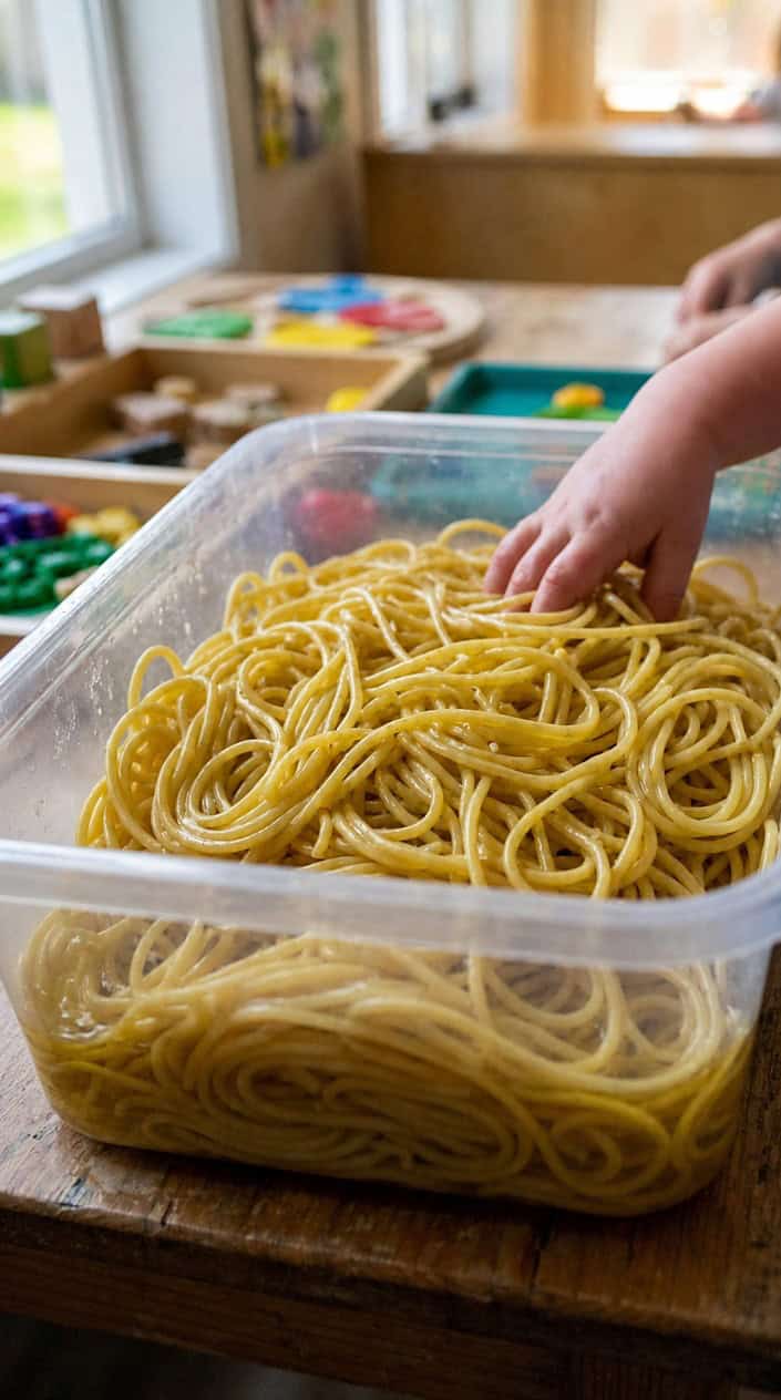 Close-up of cooked and oiled spaghetti strands in a clear sensory bin.