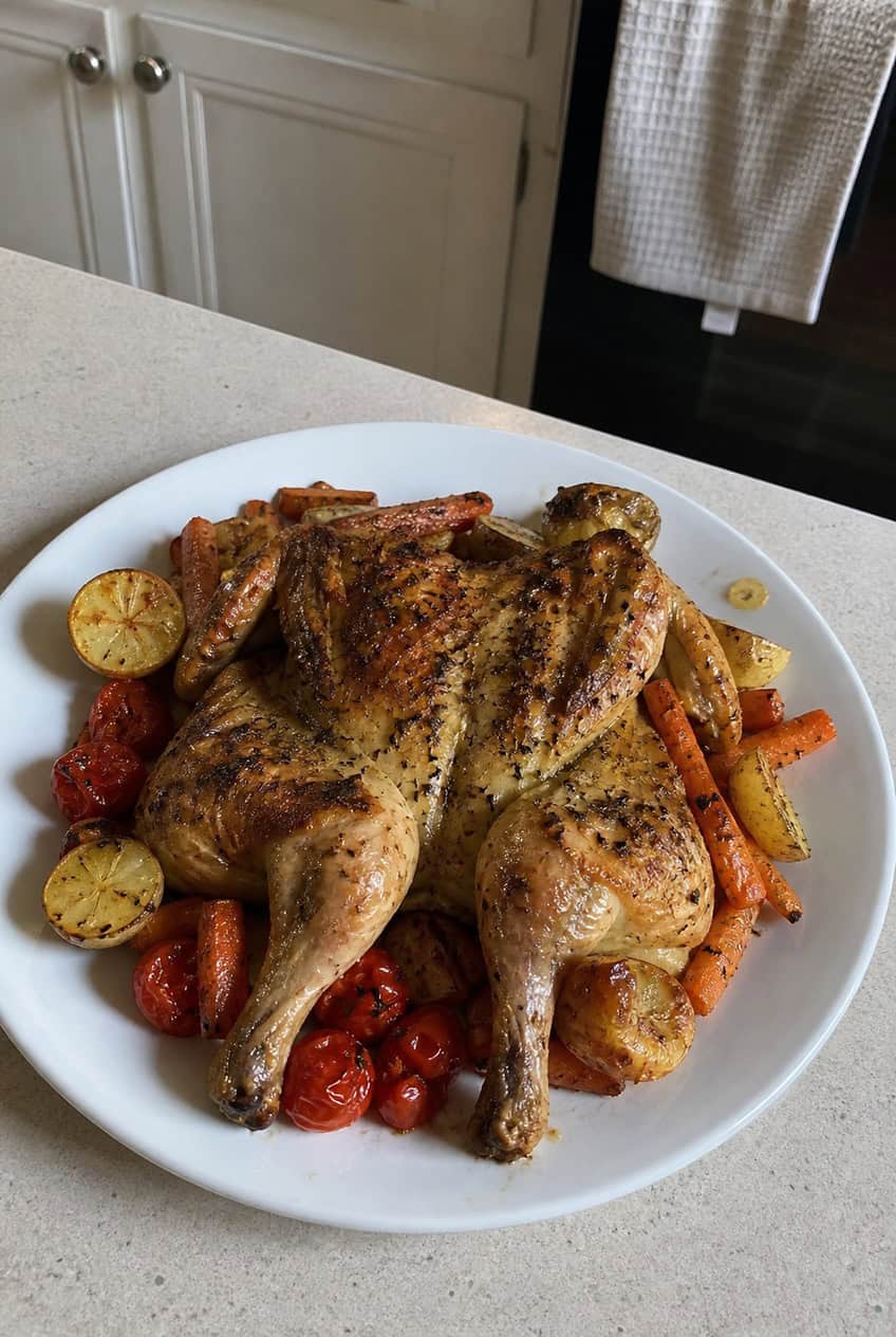 A whole spatchcocked roast chicken with burnished golden-brown skin on a wooden cutting board, surrounded by roasted cherry tomatoes, baby potatoes, and fresh rosemary sprigs.