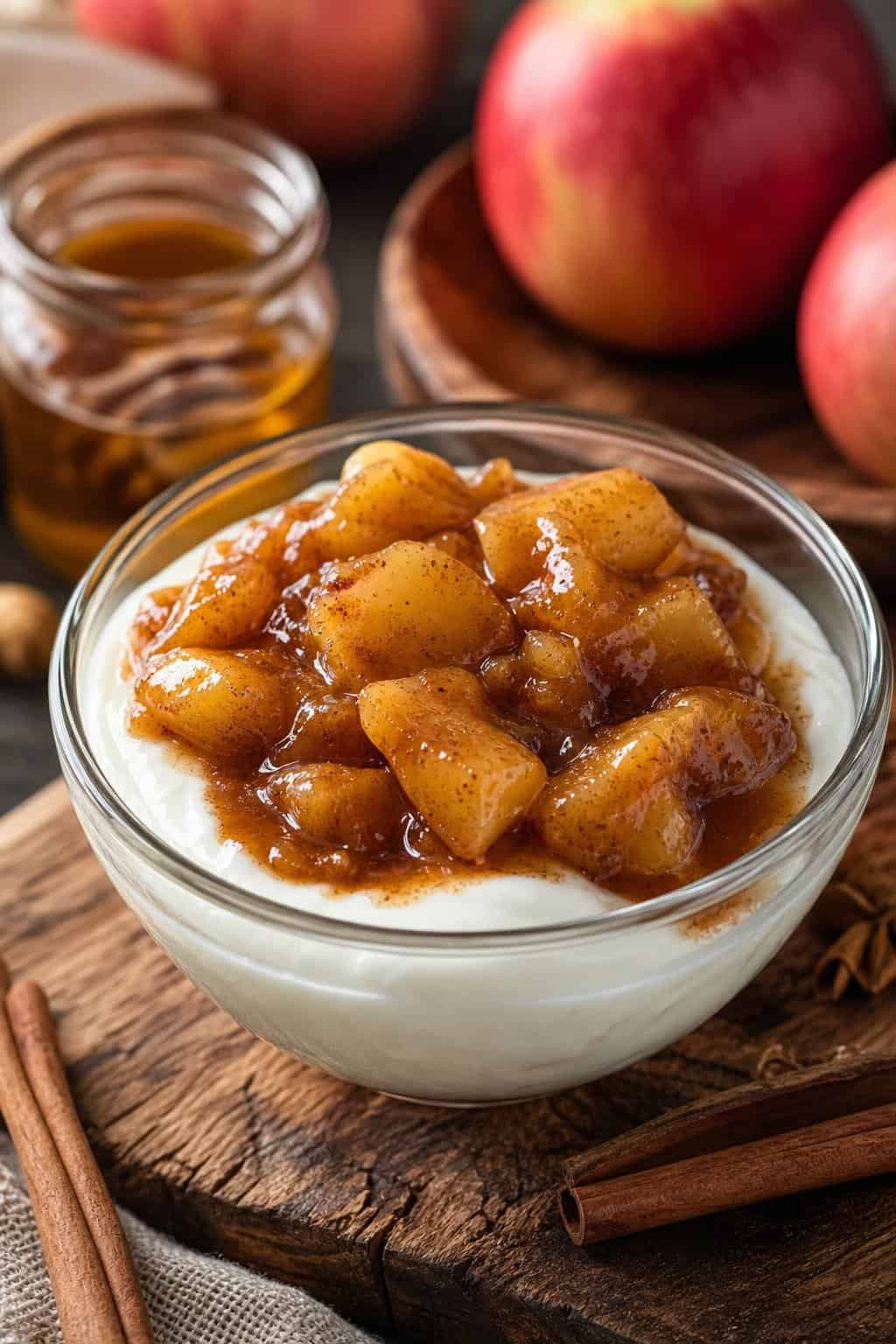 A bowl of yogurt topped with spiced apple compote on a wooden surface, surrounded by apples and cinnamon sticks.