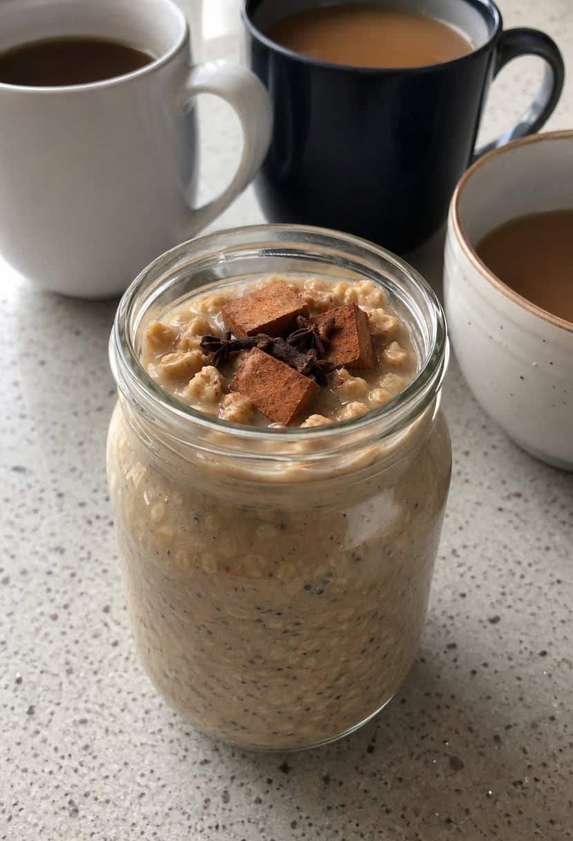 A cozy kitchen scene with a mason jar filled with spiced chai overnight oats, surrounded by ingredients like cinnamon sticks, cloves, and a steaming cup of chai tea