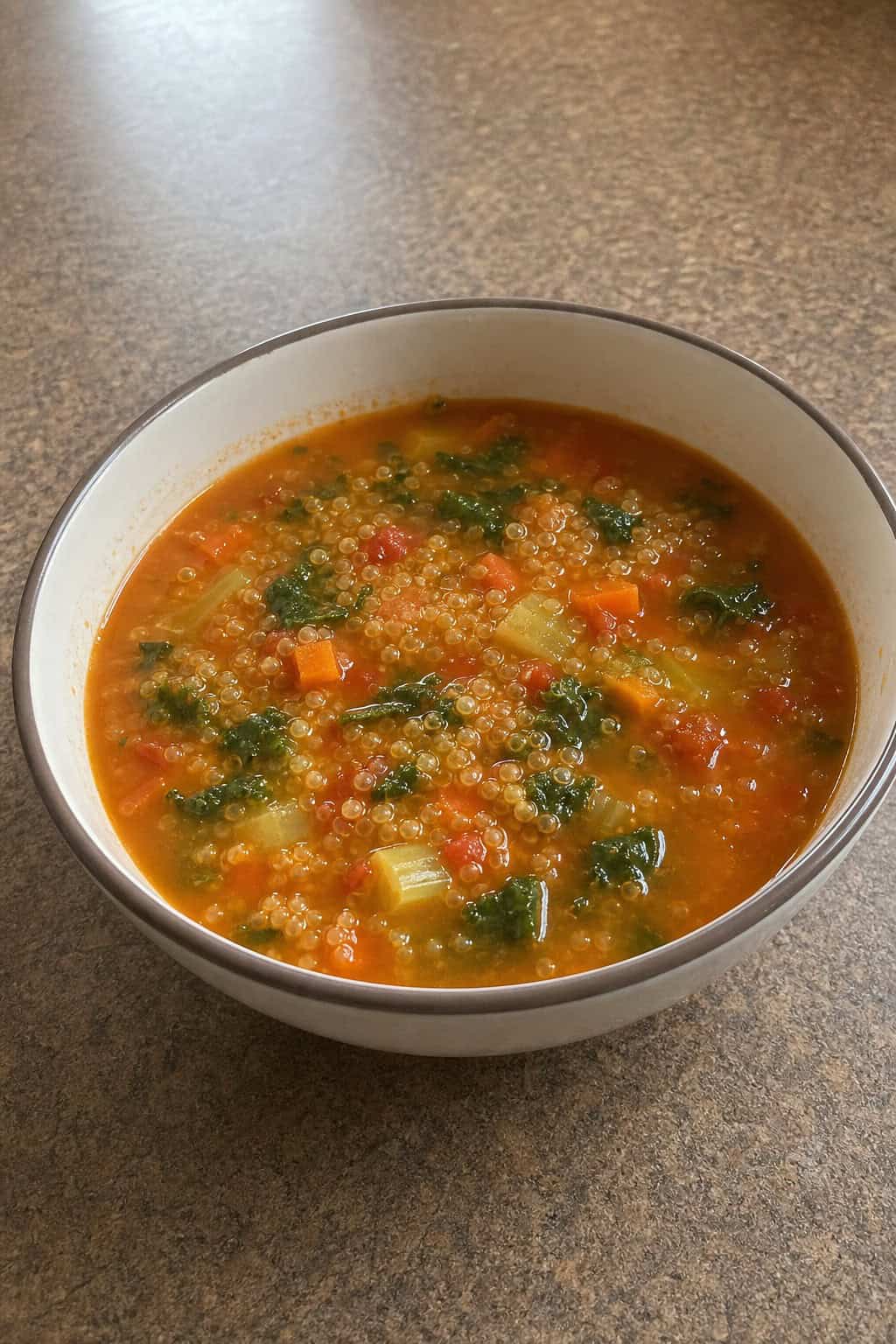 A bowl of spiced quinoa and vegetable soup with visible vegetables and herbs on a wooden table.