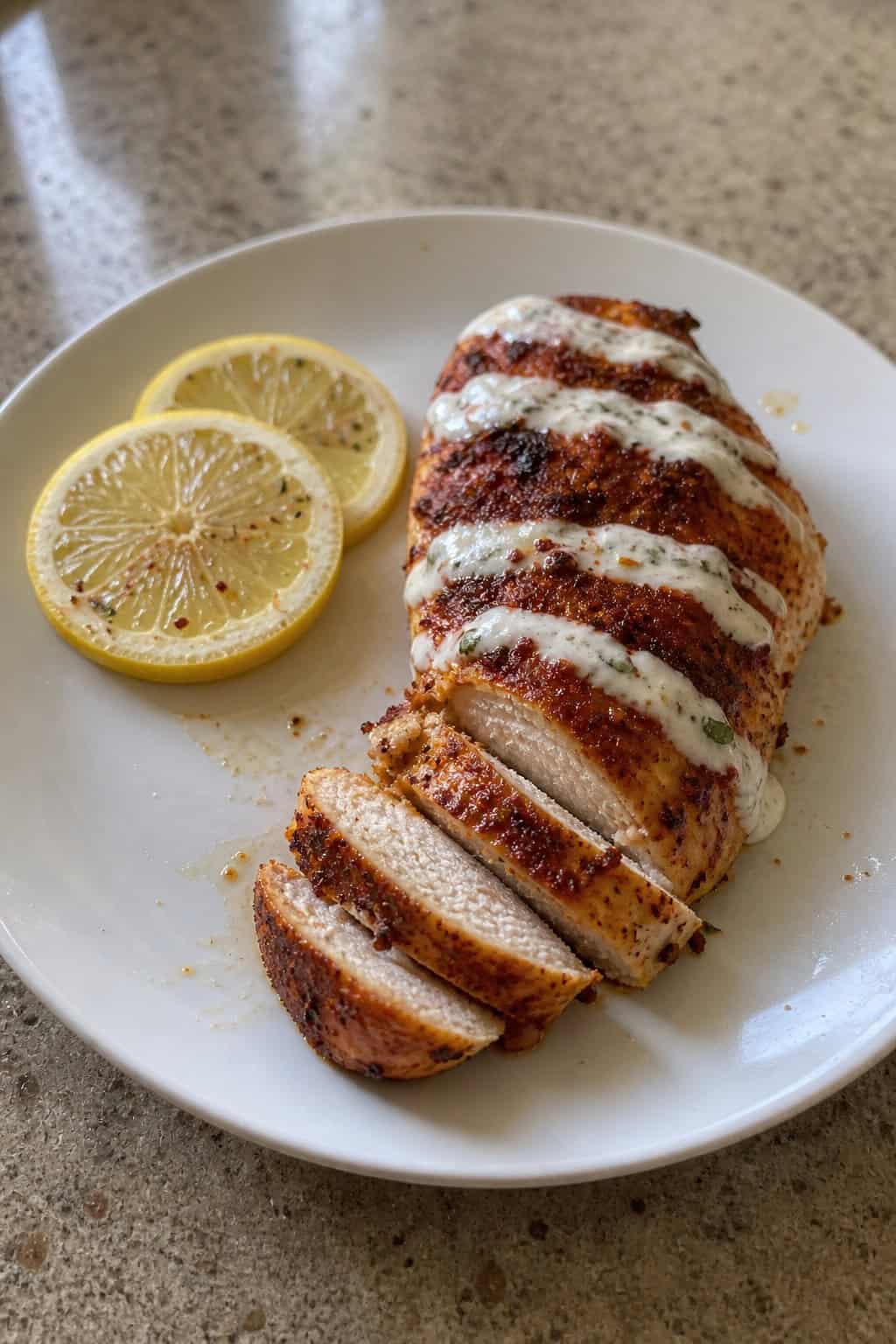 A plate with a spicy harissa-rubbed chicken breast topped with yogurt drizzle and garnished with fresh herbs and lemon slices.