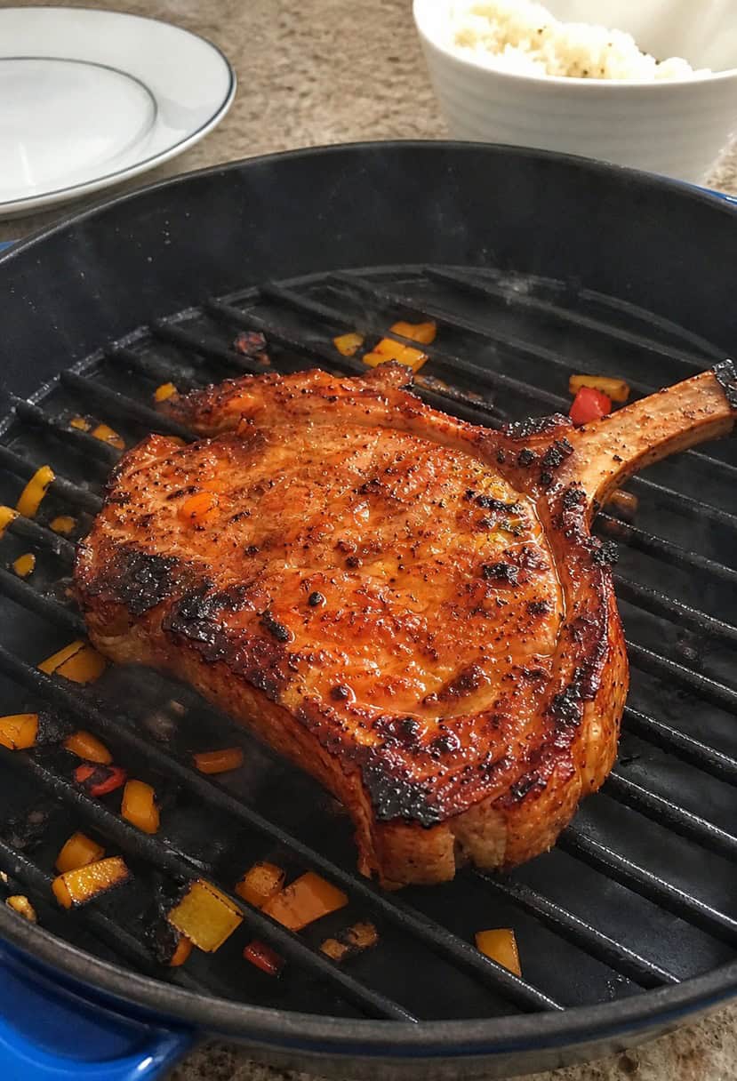A sizzling Korean BBQ pork chop on a grill, surrounded by vibrant and aromatic spices and herbs