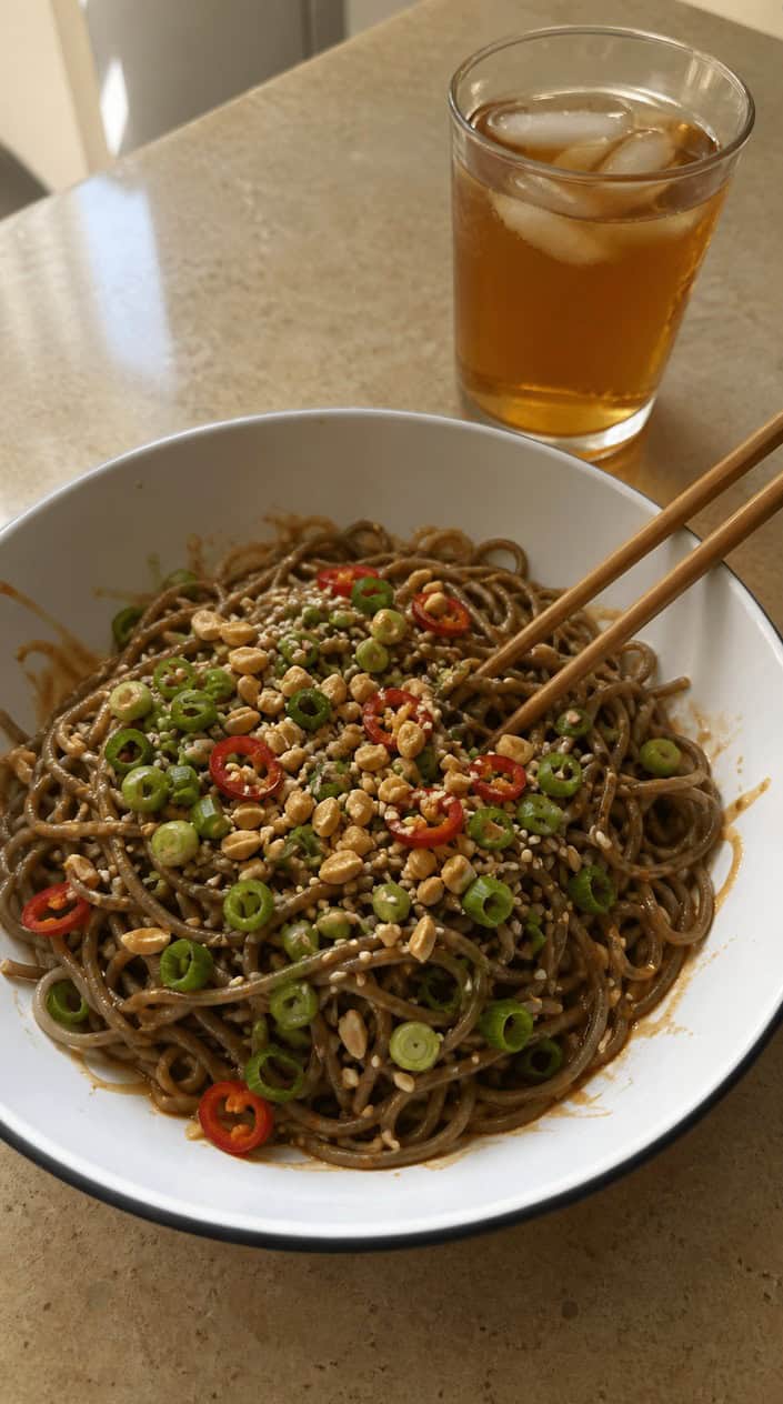 A deep bowl of chilled soba noodles coated in a dark peanut sauce, topped with thin red chili rounds, sliced green onions, sesame seeds, and a sprinkle of crushed peanuts, with chopsticks resting on the rim.