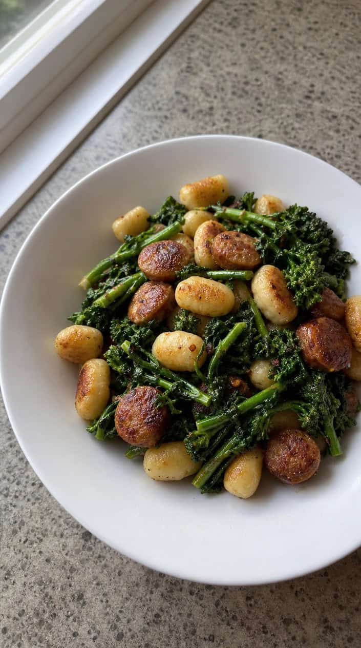 A wide shallow bowl of gnocchi and slicked dark green broccoli rabe mixed with crumbled spicy Italian sausage, glistening with olive oil and finished with red pepper flakes and Parmesan shavings.
