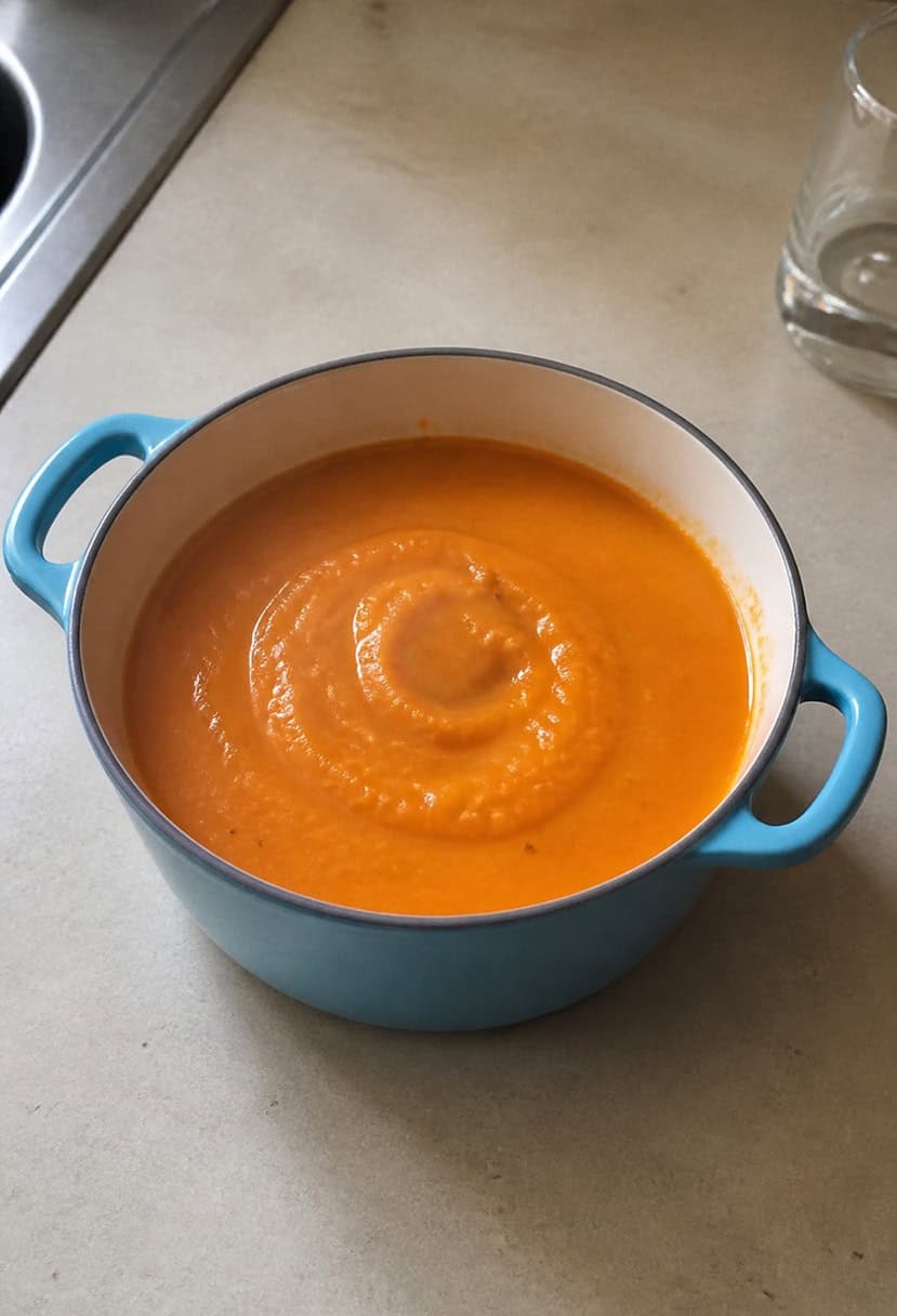 A steaming pot of spicy sweet potato soup surrounded by 20 sweet potatoes, various kitchen utensils, and ingredients scattered on a countertop