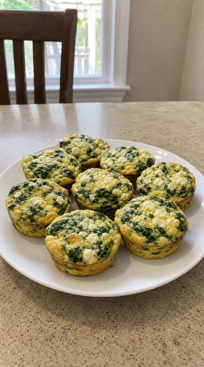 Plate of spinach and feta egg muffins on a wooden table with fresh spinach leaves and bowls of feta cheese and spinach nearby.