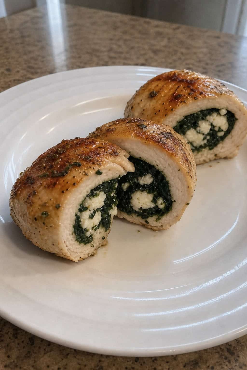 Sliced spinach and feta stuffed chicken roll-ups served on a white plate with fresh spinach leaves on a wooden table.