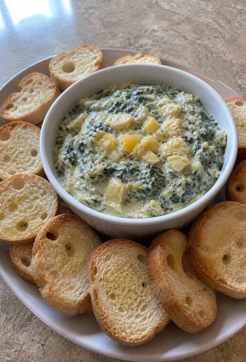 A creamy spinach artichoke dip sits in a white ceramic dish surrounded by colorful vegetables and crispy bread slices on a wooden serving board