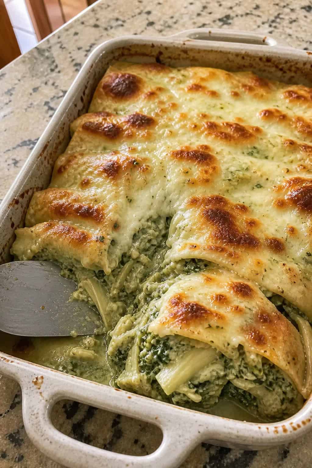 A spinach-artichoke enchilada casserole in a rectangular baking dish with a browned Monterey Jack cheese top and visible creamy filling at the cut edge, garnished with cilantro and served with a small ramekin of sour cream.