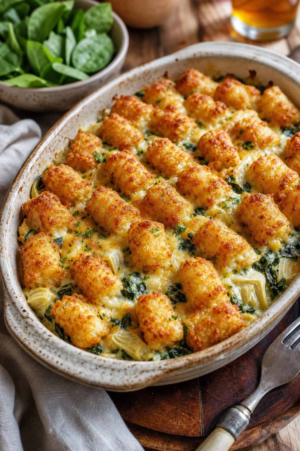 A golden brown spinach-artichoke and tater tot breakfast gratin in a ceramic dish on a wooden table.
