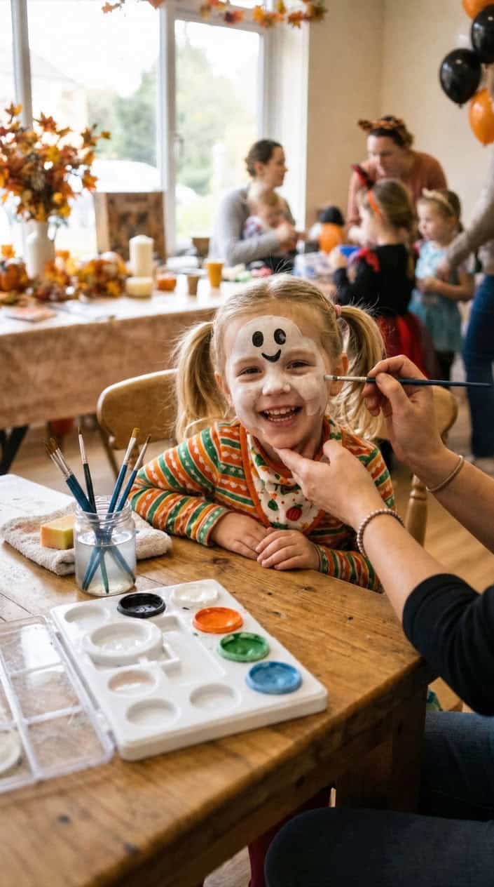 A young child with a friendly ghost face paint design smiling while sitting at a table with face painting supplies.