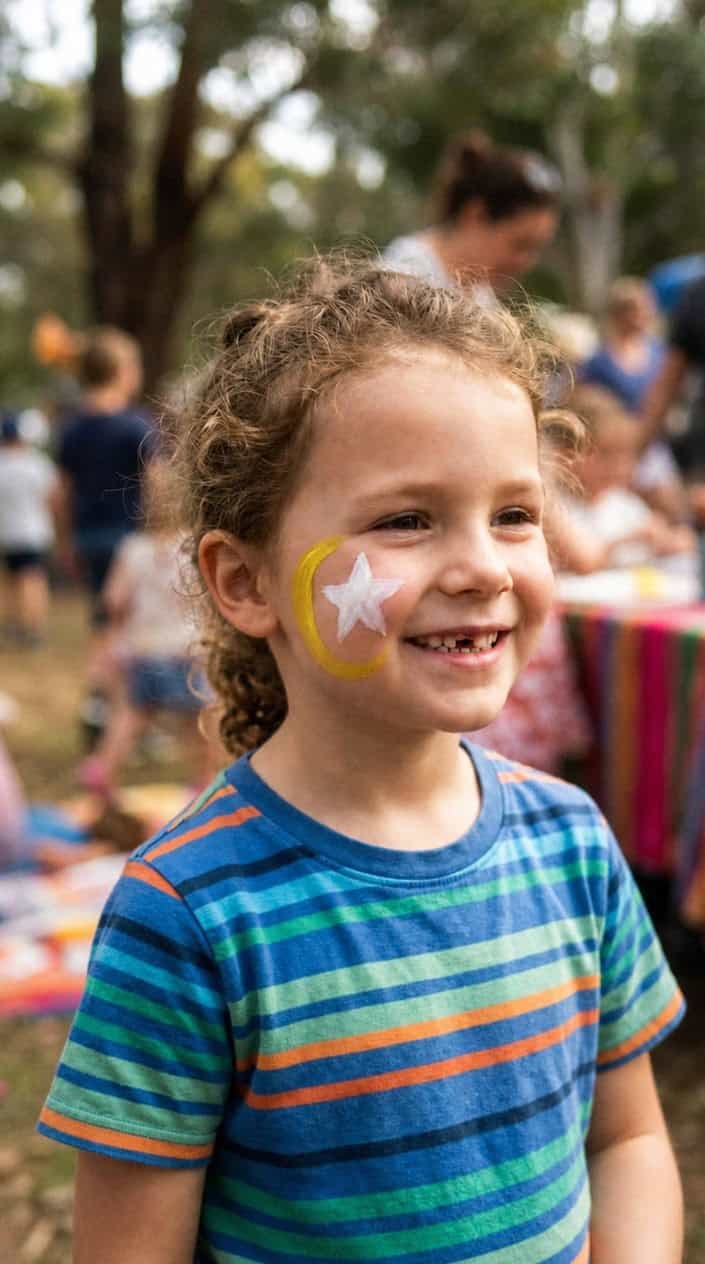 A smiling child with a star and crescent moon painted on their cheek.