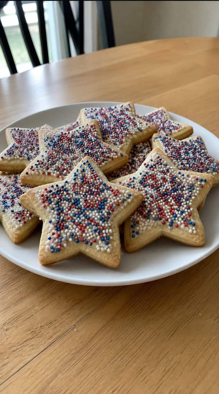 Star-shaped sugar cookies with red, white, and blue sprinkles arranged on a white wooden surface with patriotic decorations in the background.
