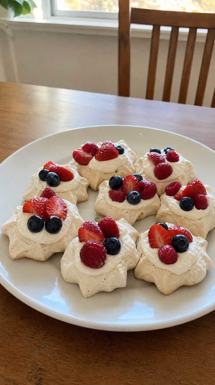 A plate of star-shaped mini pavlovas topped with whipped cream and red, white, and blue berries.