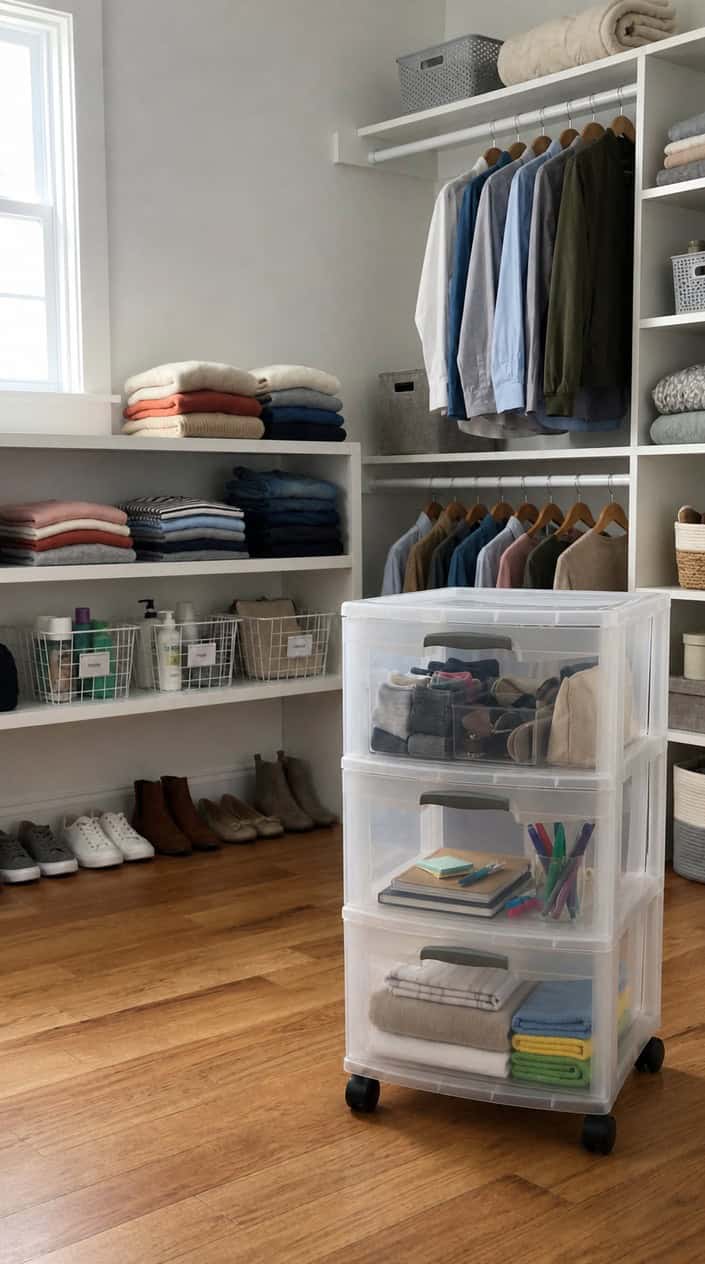 A clear 3-drawer plastic storage cart on wheels inside a well-organized closet with shelves holding clothes and shoes.