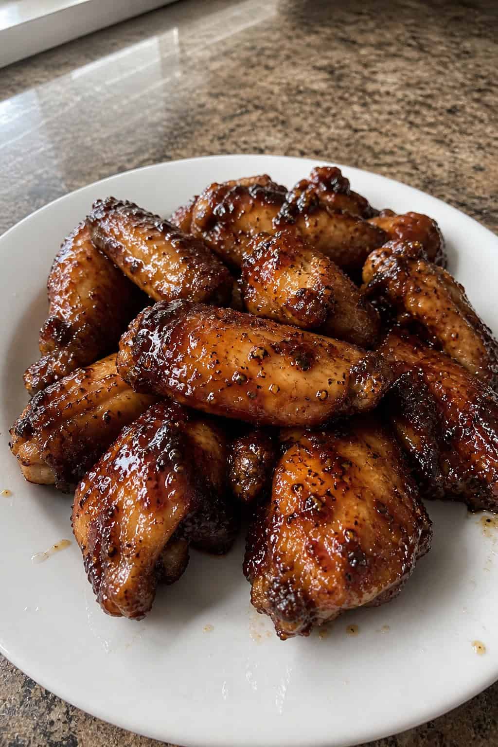 A plate of sticky balsamic honey chicken wings sprinkled with cracked black pepper and garnished with fresh herbs.
