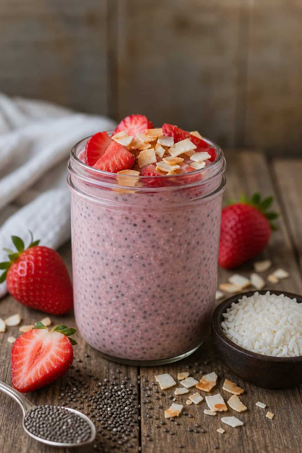 A tall glass jar of pale pink chia pudding topped with sliced fresh strawberries and a pinch of toasted coconut flakes, with chia seeds and coconut scattered loosely on the wooden table around it.