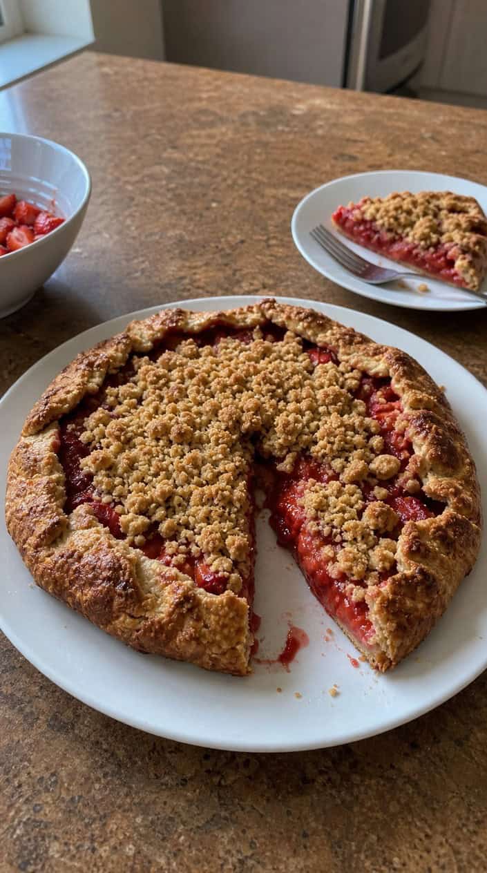 A sliced strawberry-rhubarb galette with crumble topping on a wooden surface, surrounded by fresh strawberries and rhubarb.