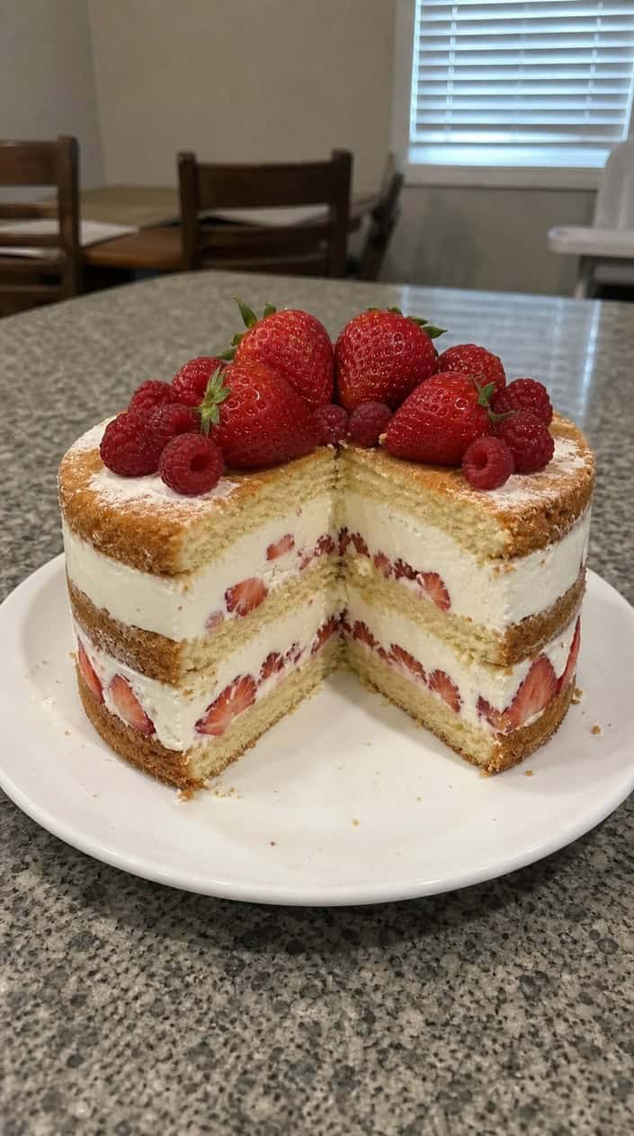 A layered strawberry shortcake ice cream cake topped with fresh strawberries on a white cake stand, placed on a wooden table with a light background.
