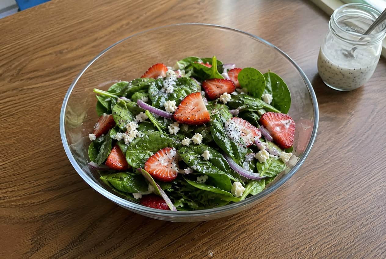 A large bowl of dark green baby spinach layered with sliced bright red strawberries, crumbled white feta, and chopped pecans, with a small dish of creamy poppy seed dressing alongside on a wooden table.
