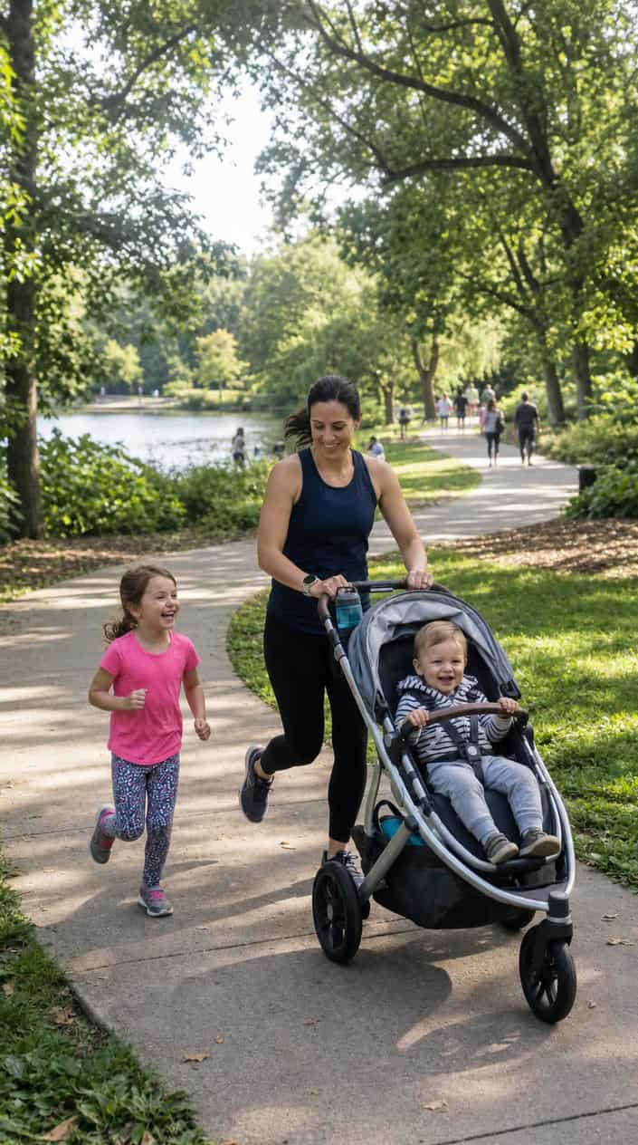 Physical Activities for Kids to Burn Off Energy 22 A parent briskly walking outdoors while pushing a stroller with a toddler and an older child walking alongside in a park.