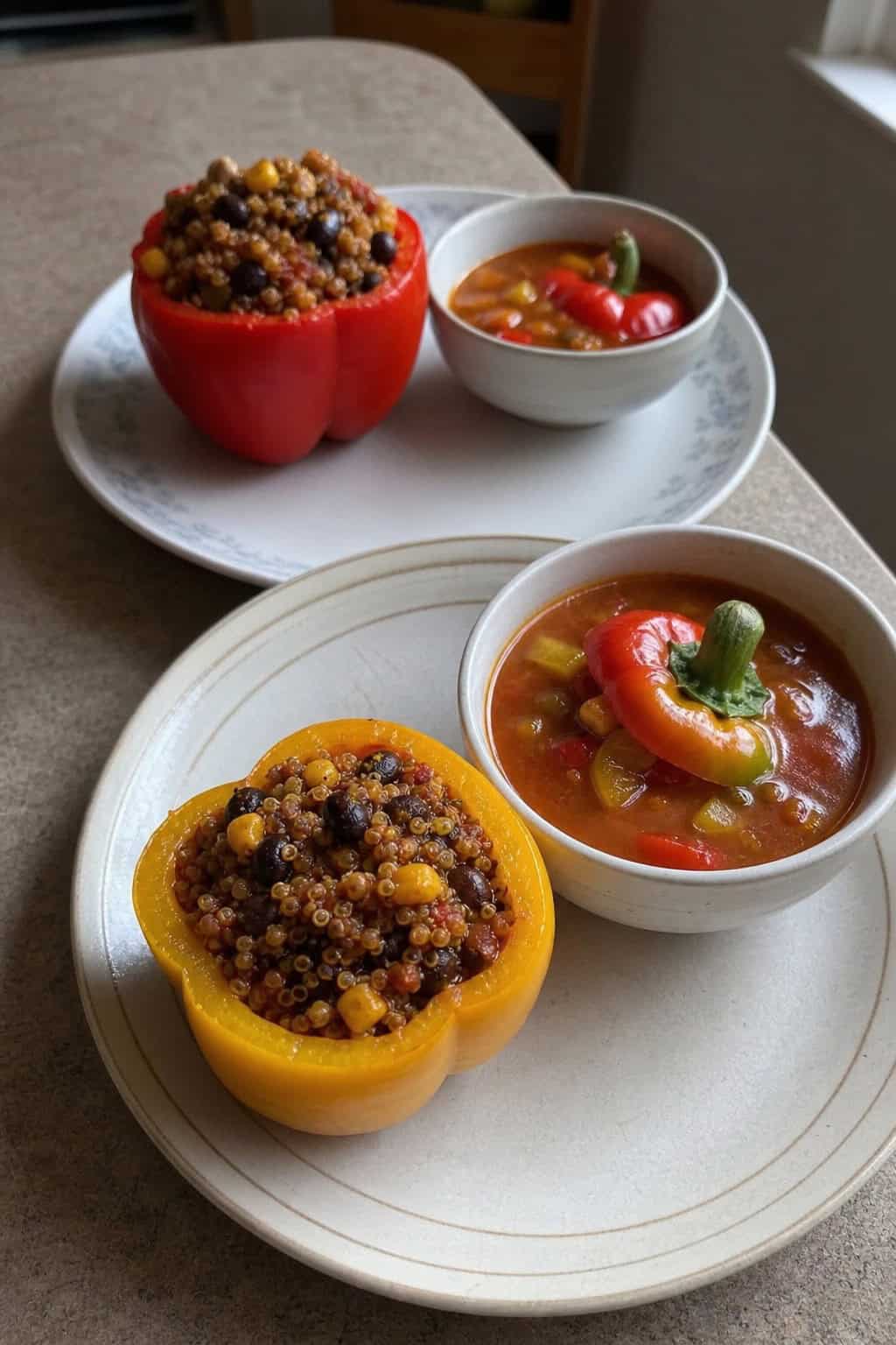 Two stuffed bell peppers filled with quinoa and black beans on a wooden table next to a bowl of vegetable soup made from pepper tops.