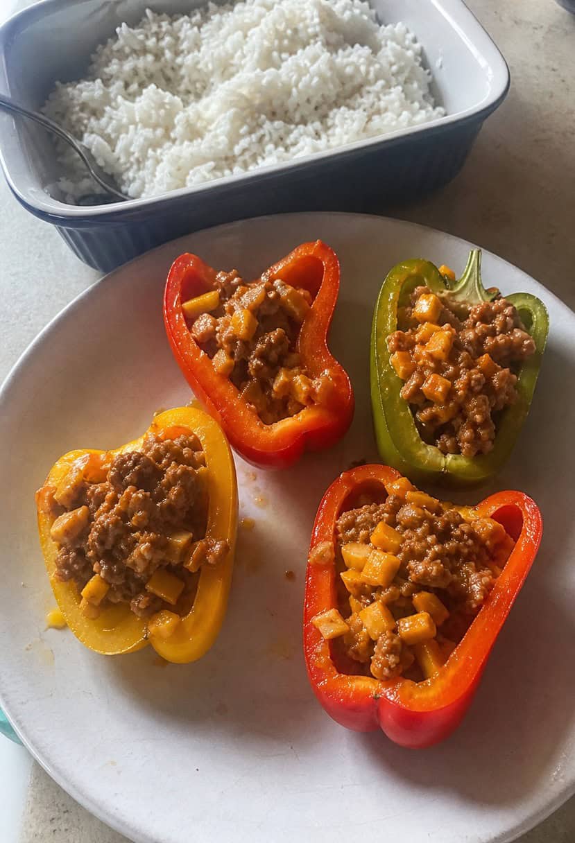 A colorful array of bell peppers, filled with a savory mixture, arranged on a rustic wooden table surrounded by fresh ingredients