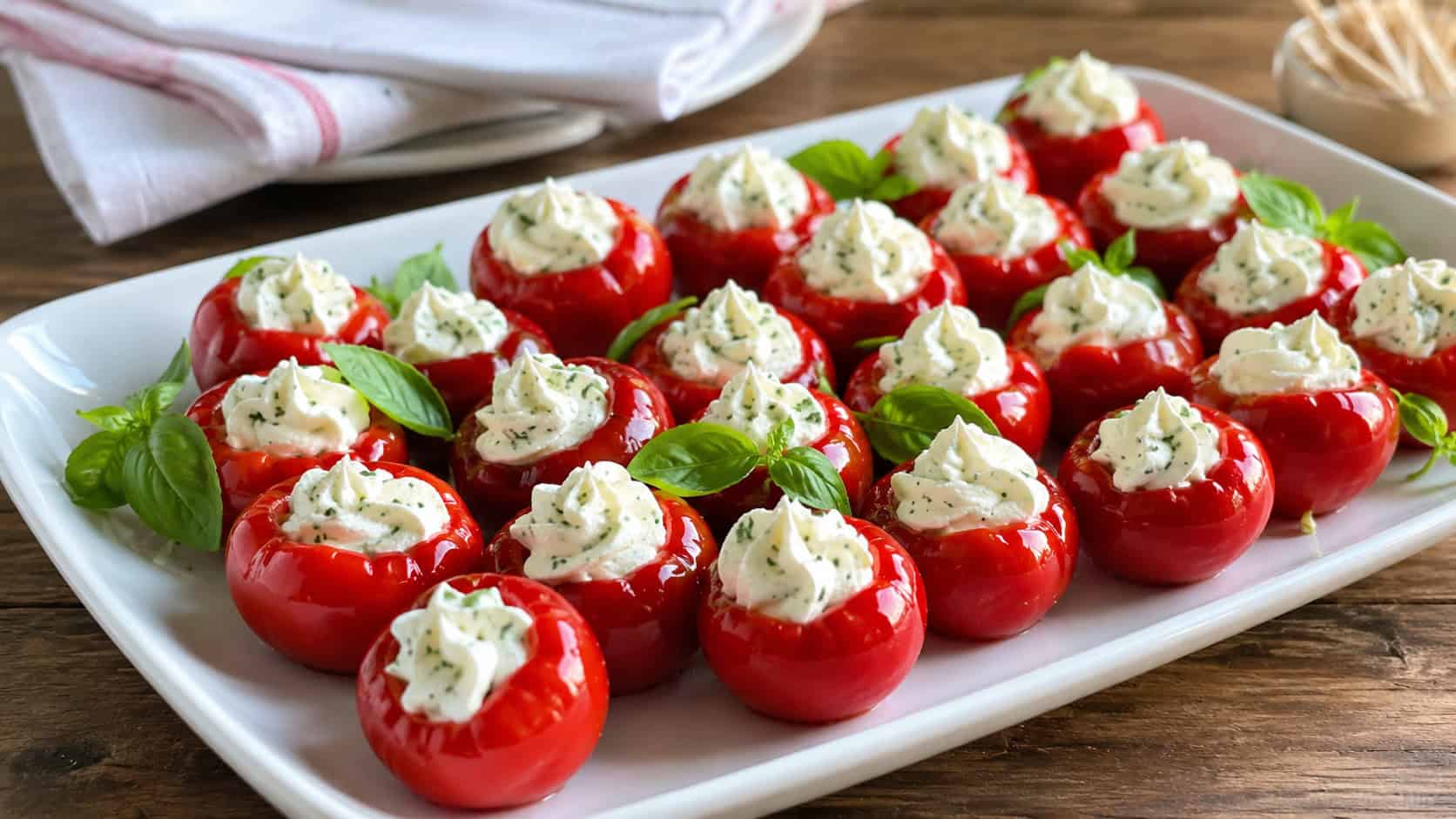 finished stuffed cherry peppers on a white platter, small round red peppers filled with a swirl of white herb cream cheese filling, fresh basil scattered around, warm natural light, casual home entertaining