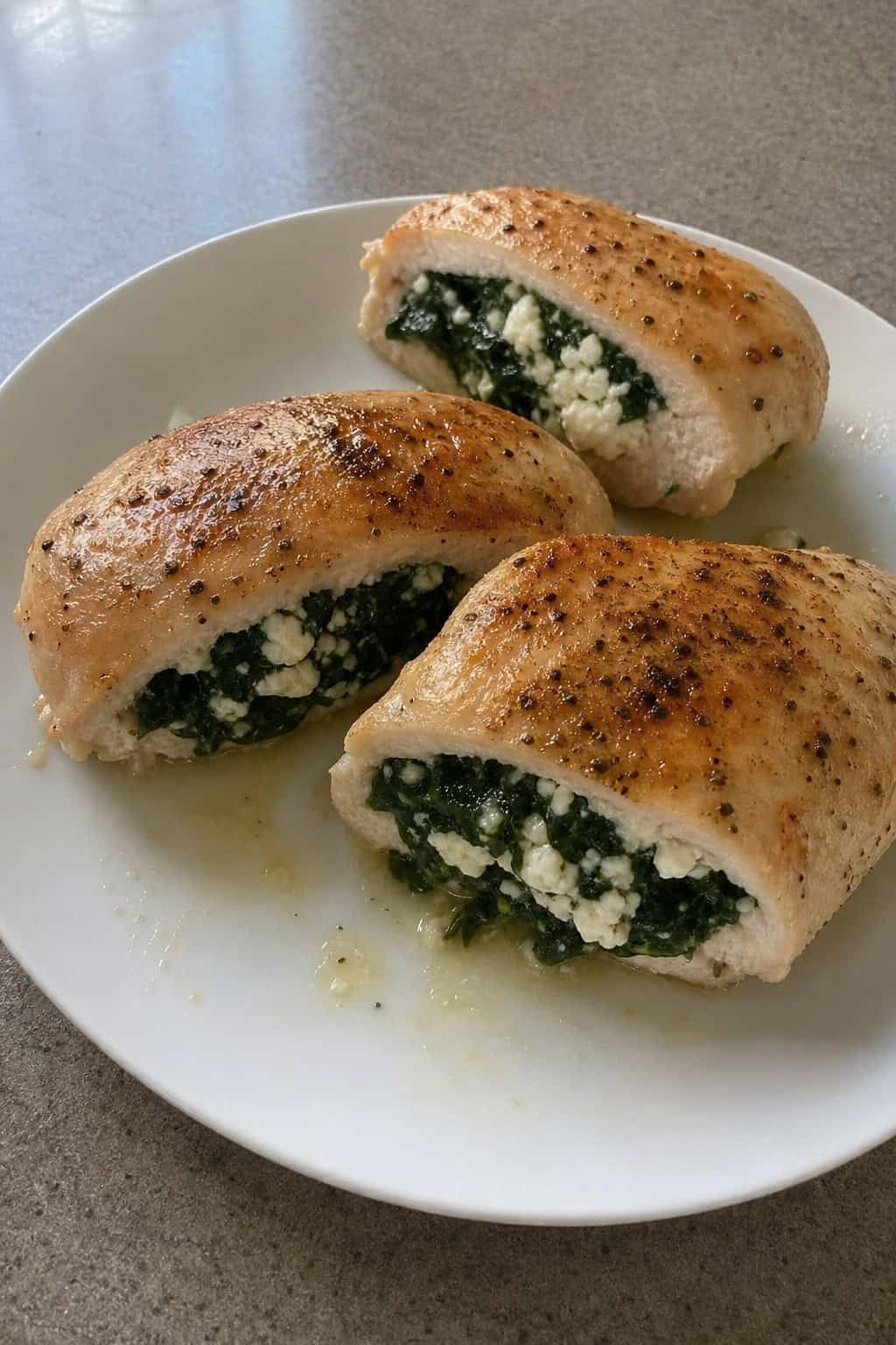 A plate of sliced stuffed chicken breasts filled with spinach and feta, garnished with fresh spinach leaves.