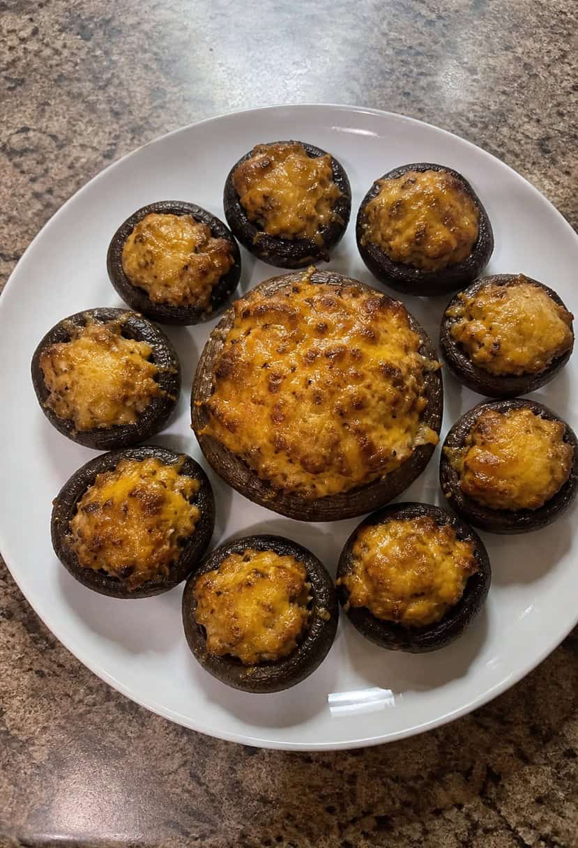 A platter of stuffed mushrooms surrounded by herbs and spices on a rustic wooden table