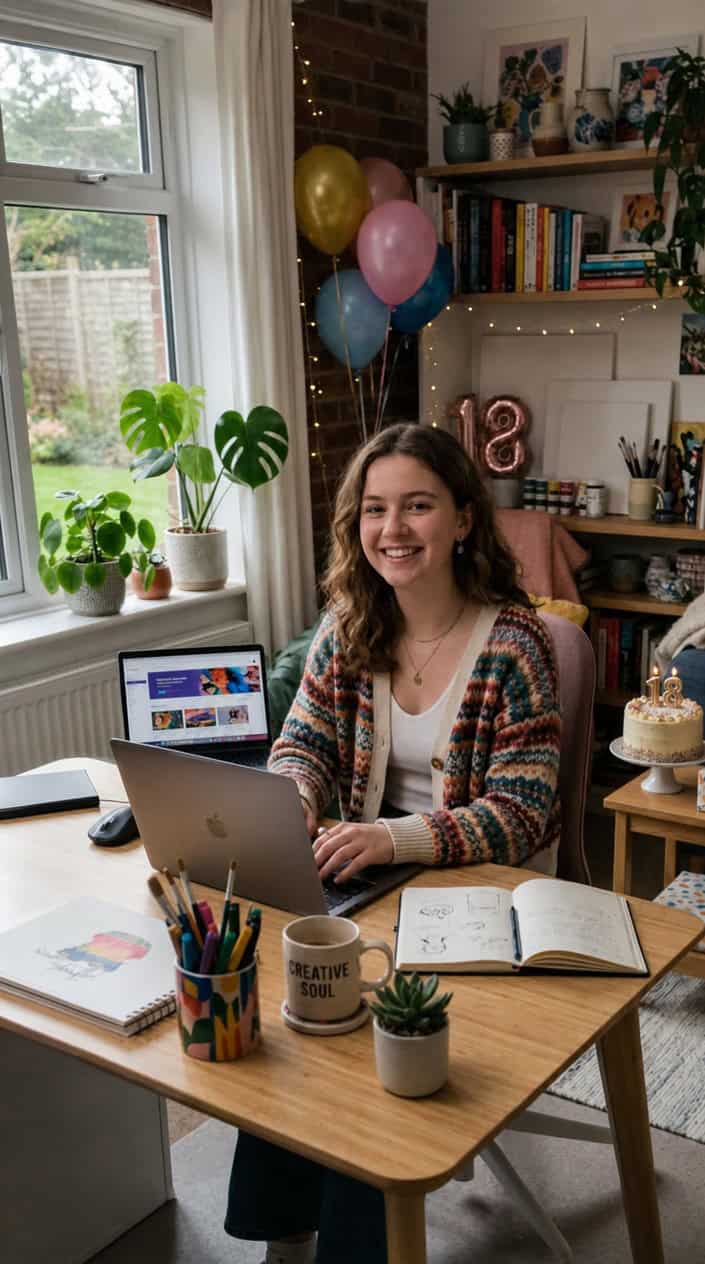 A young woman celebrating her 18th birthday at a desk, smiling while using a laptop in a bright, decorated room.