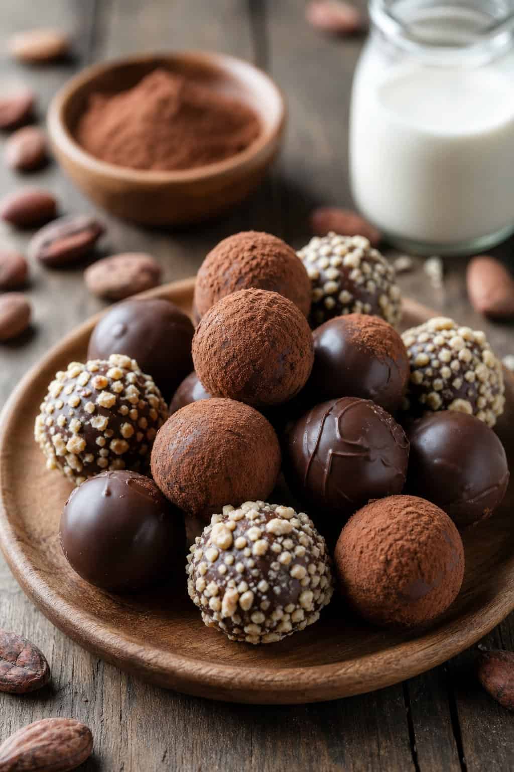 A round wooden plate with a dozen cocoa-dusted sugar-free chocolate truffles arranged in a loose pile, with a few chopped walnuts scattered around them and a small open jar of cream in the background.