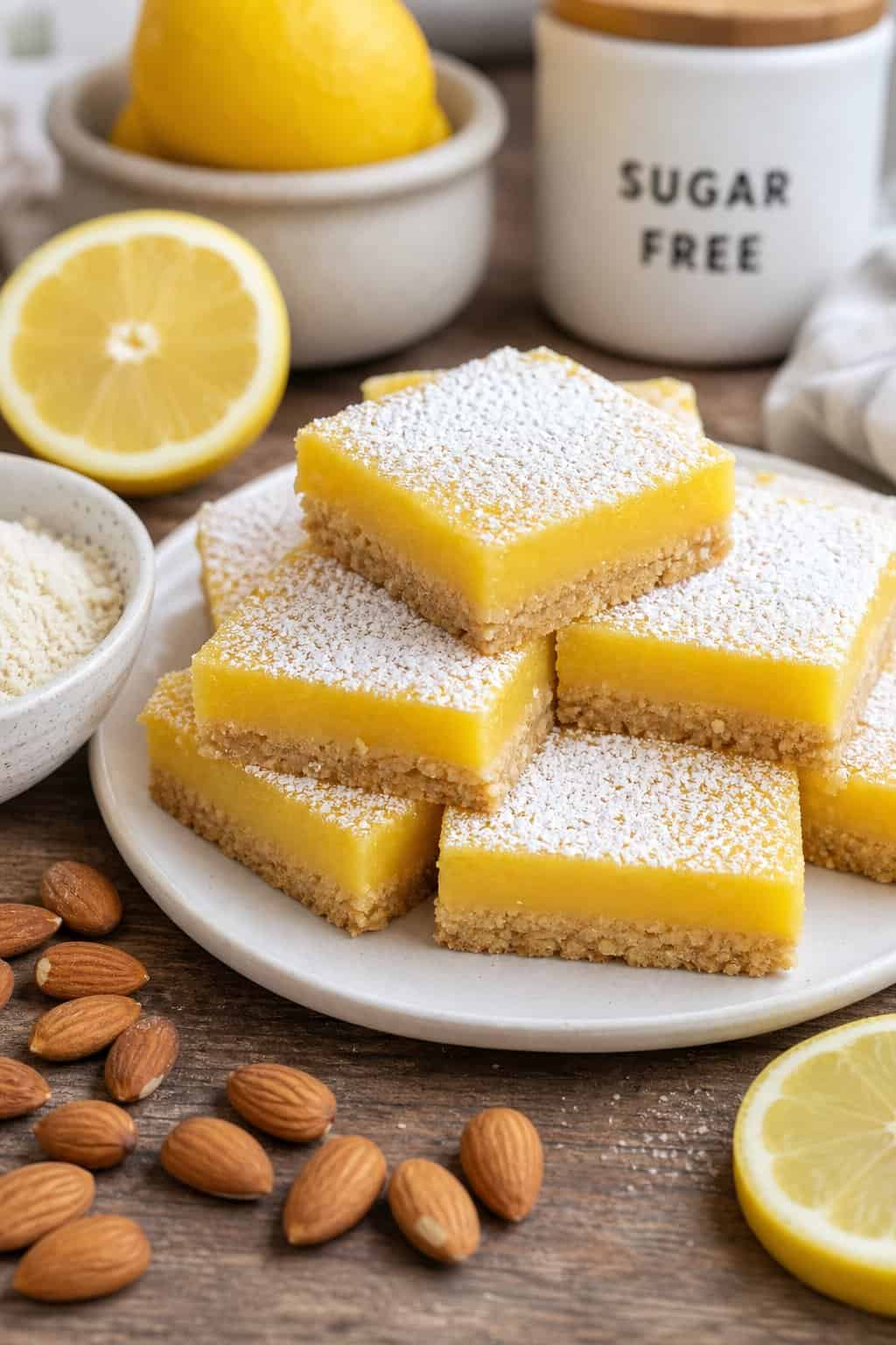 Bright yellow sugar-free lemon bars with a pale golden almond flour crust stacked on a round wooden plate, with halved lemons and a scatter of whole almonds on a light linen surface.
