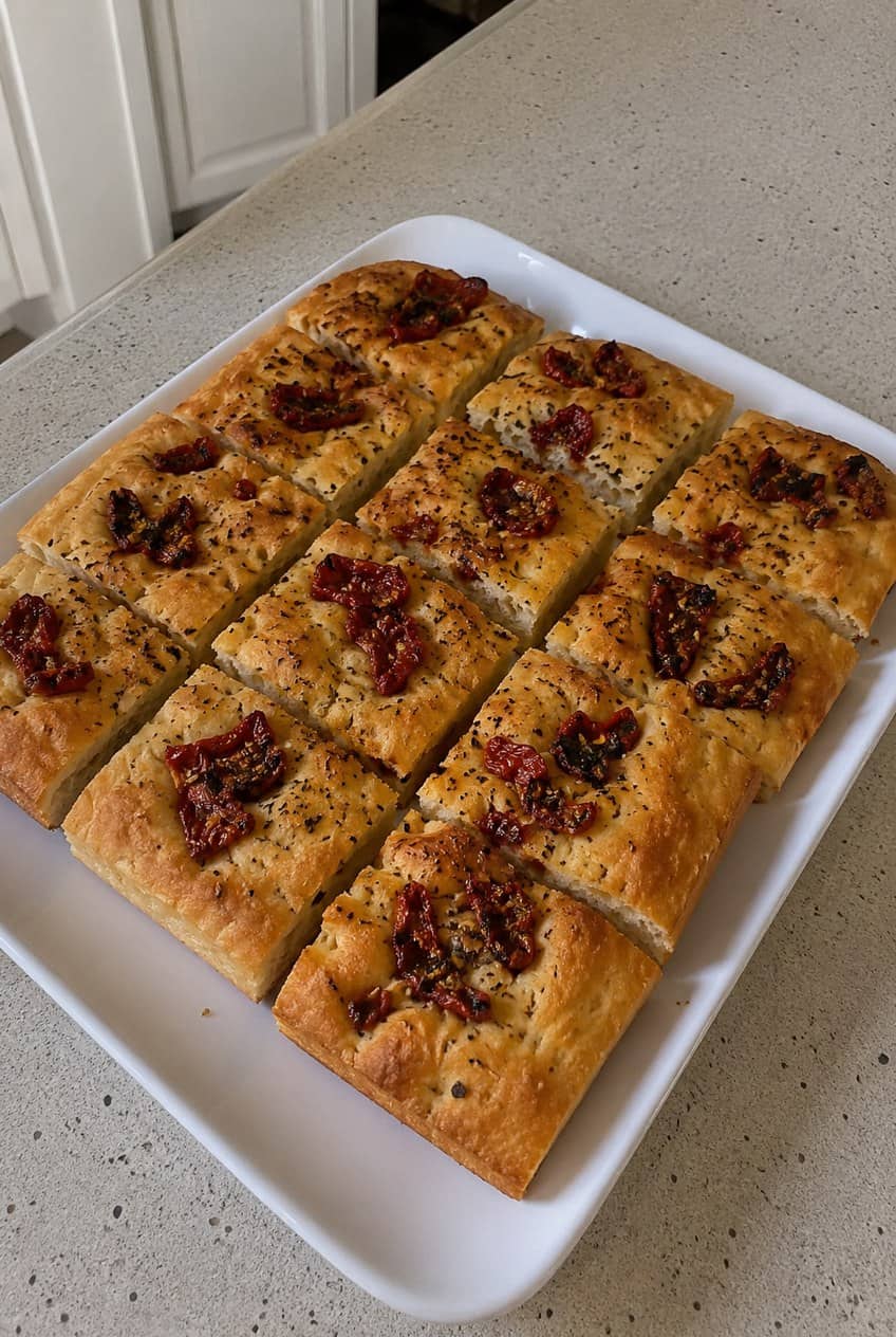 Golden-brown focaccia squares topped with dark sun-dried tomato pieces, scattered fresh basil, and a dusting of grated Parmesan, arranged on a wooden board with a small bowl of olive oil nearby.