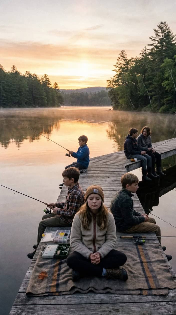 Two boys sitting on a weathered wooden dock, fishing rods dipped into still water, the sky above them pink and gold with early morning light through the trees.